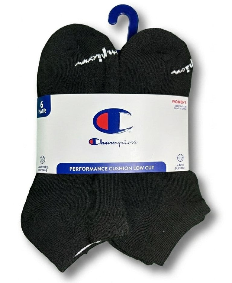 CHAMPION SOCKS WOMEN'S - LOW CUT - 253 BLACK BLACK 3 - SHOE SZ 4-10 PACK 6