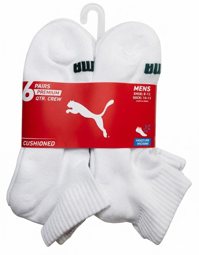 PUMA SOCKS MEN'S - QUARTER 263 - AURA WHITE GREEN - LARGE - PACK 6 XX