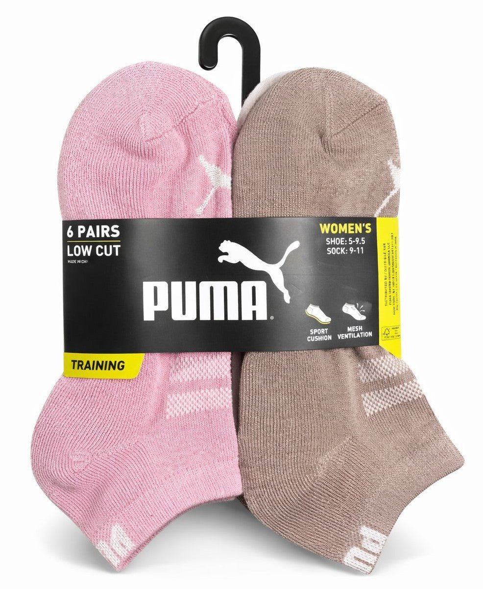PUMA SOCKS WOMEN'S - LOW CUT 263 - FERN PINK BROWN - SHOE SZ 5-9.5 -PACK 6