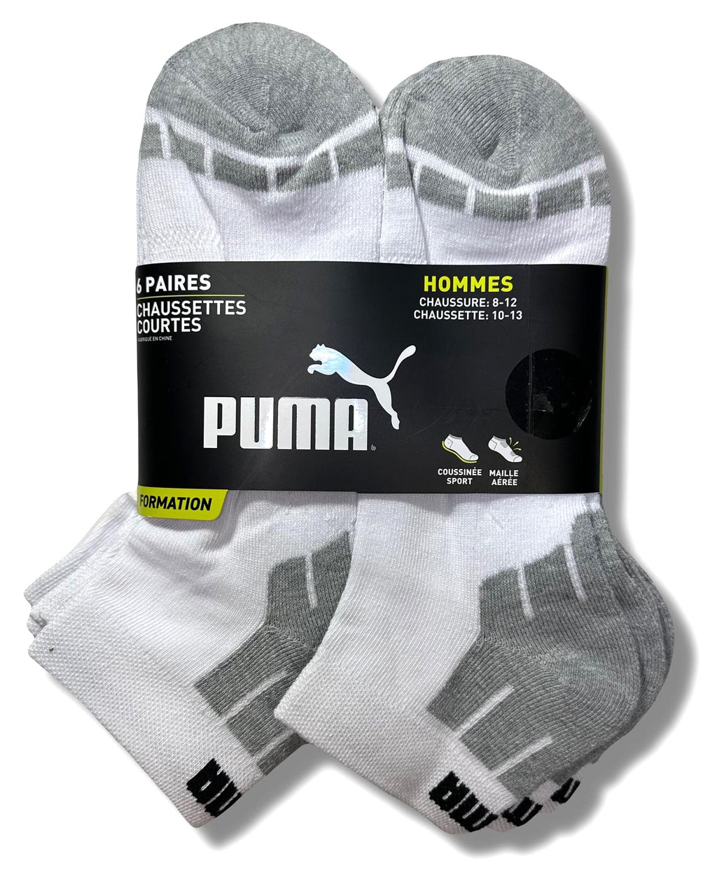 PUMA SOCKS MEN'S - LOW CUT - CUBE 243 - WHITE GREY 2 - LARGE (10-13) PACK 6 XX