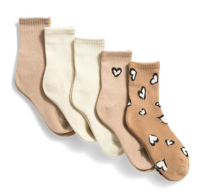 TAHARI SOCKS WOMEN'S - MID CREWS 263 - BEIGE HEARTS - SHOE SZ 5-10 - PACK 5
