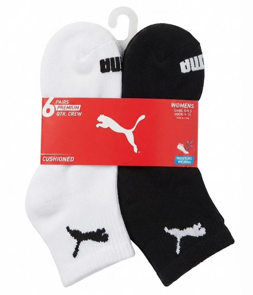 PUMA SOCKS WOMEN'S - QUARTER 263 - SOLID WHITE BLACK - SHOE SZ 5-9.5 - PACK 6