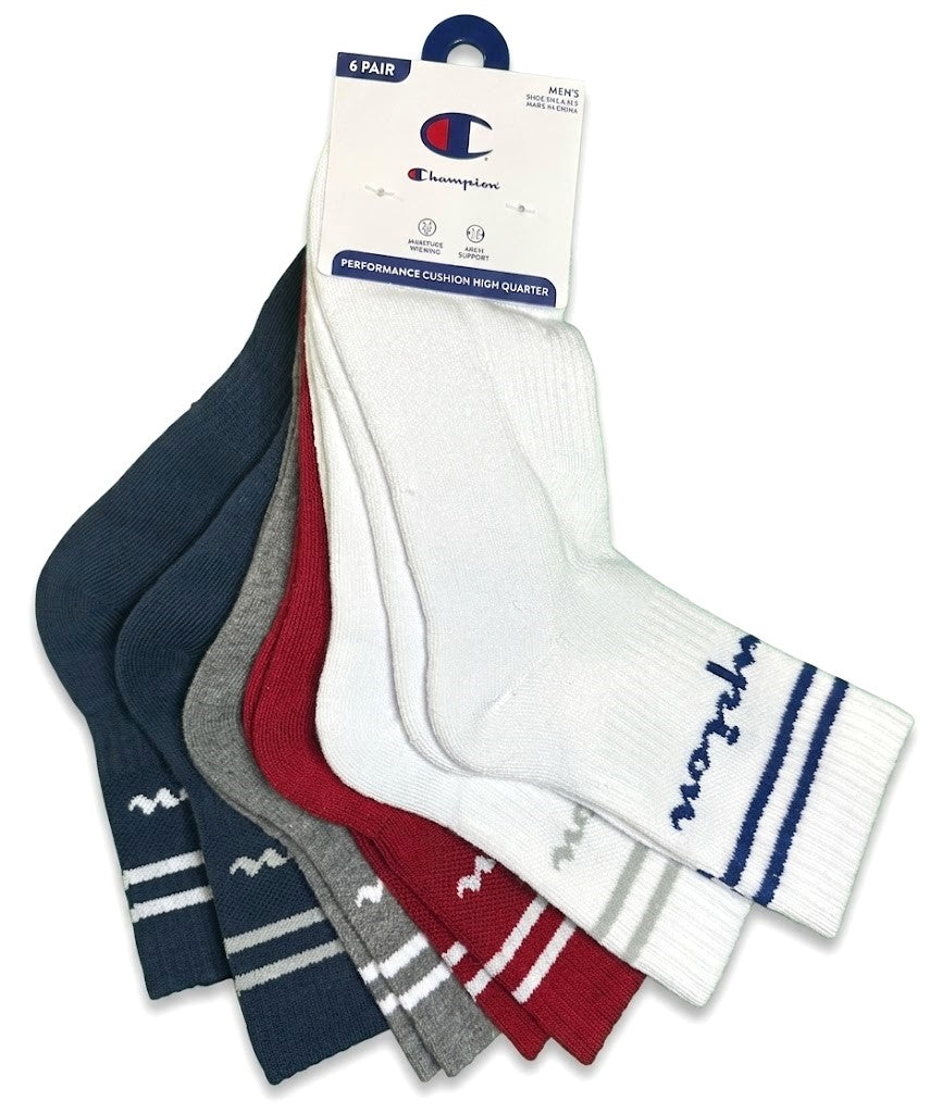 CHAMPION SOCKS MEN'S - HIGH QUARTER 263 - WHITE RED PL - LARGE (6-12) PACK 6 XX