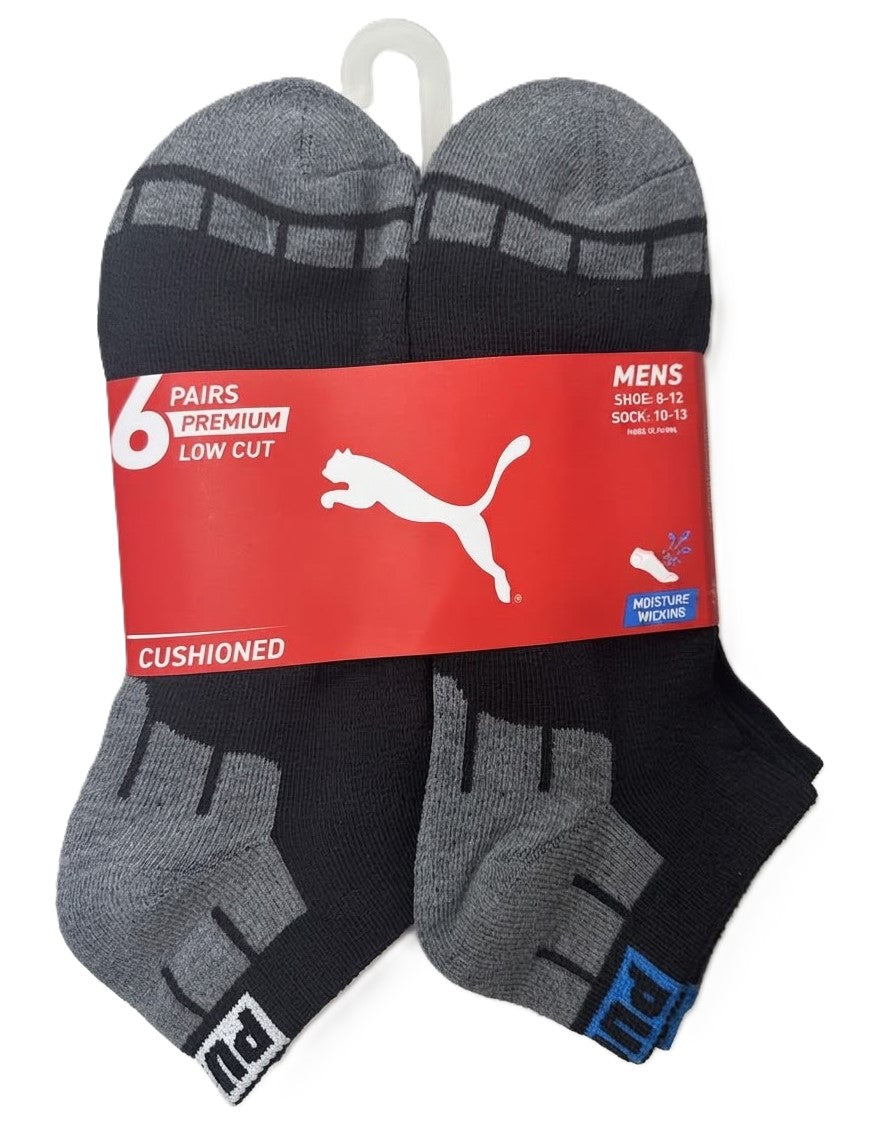 PUMA SOCKS MEN'S - LOW CUT - CUBE 263 - BLACK GREY B - LARGE (10-13) PACK 6 XX