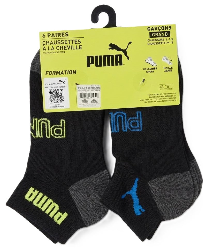 PUMA SOCKS BOYS X6 - QUARTER 263 - KEVIN BLACK YELLOW SZ LARGE 4-9.5 - 6 PACK