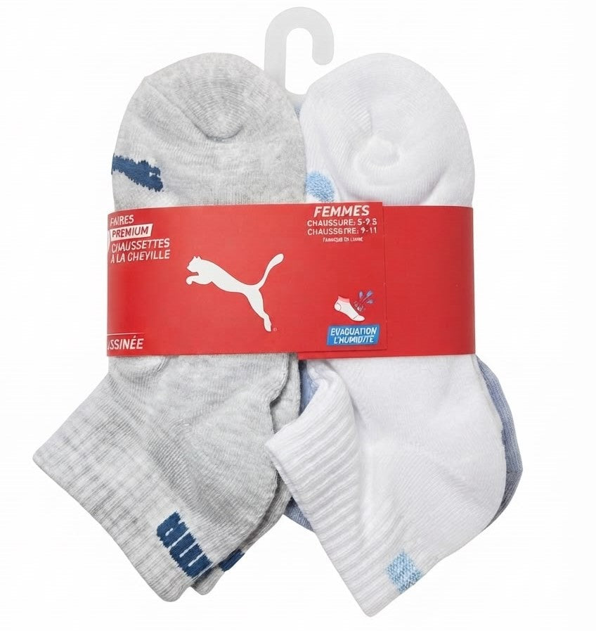 PUMA SOCKS WOMEN'S - QUARTER 263 - FERN LIGHT BLUE WHITE - SHOE SZ 5-9.5 -PACK 6