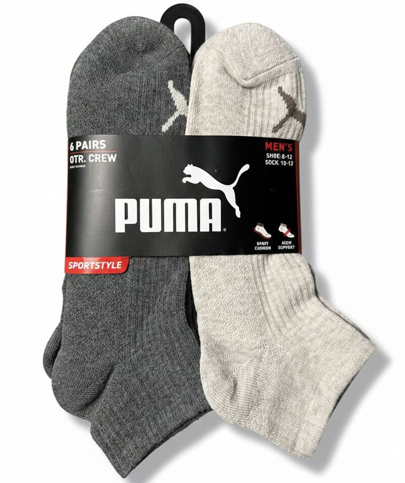 PUMA SOCKS MEN'S - QUARTER CUT - RIBBED 263 -GREY BEIGE- LARGE (10-13) PACK 6 XX