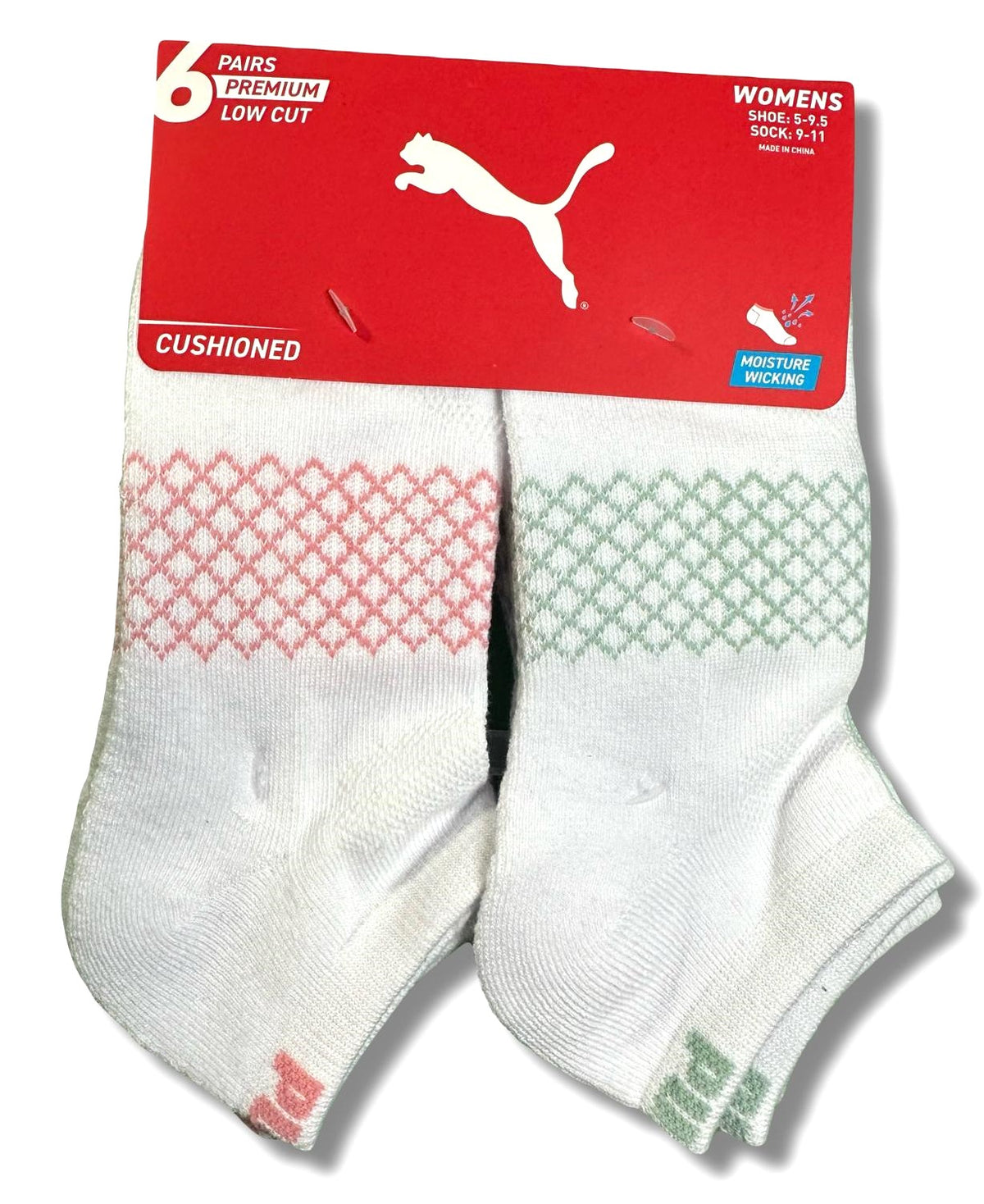 PUMA SOCKS WOMEN'S - LOW CUT 263 - NET - WHITE CORAL - SHOE SZ 5-9.5 -PACK 6