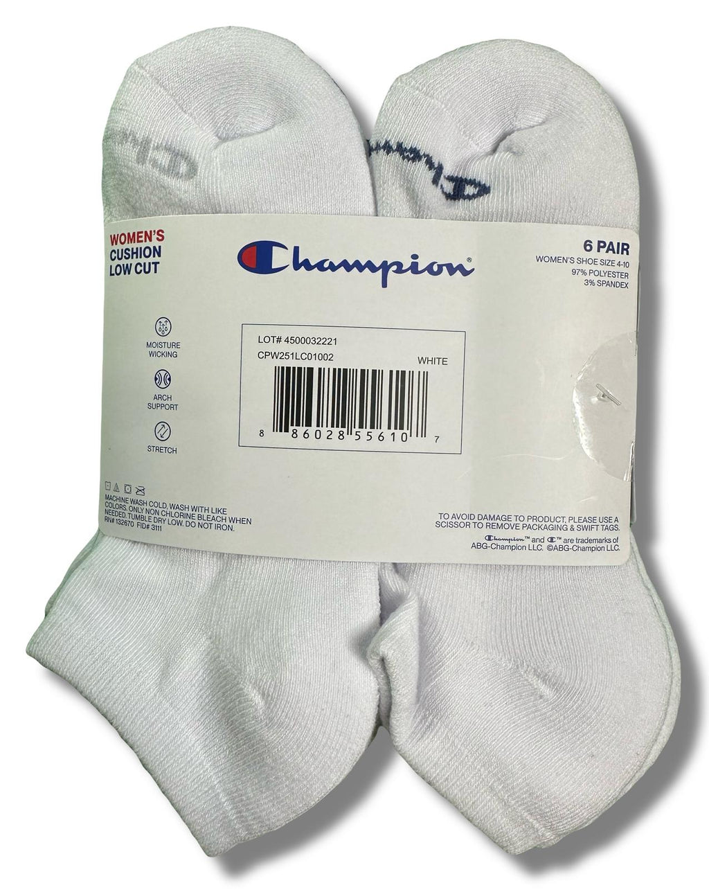 CHAMPION SOCKS WOMEN'S - LOW CUT - 263 WHITE PINK - SHOE SZ 5-9 PACK 6