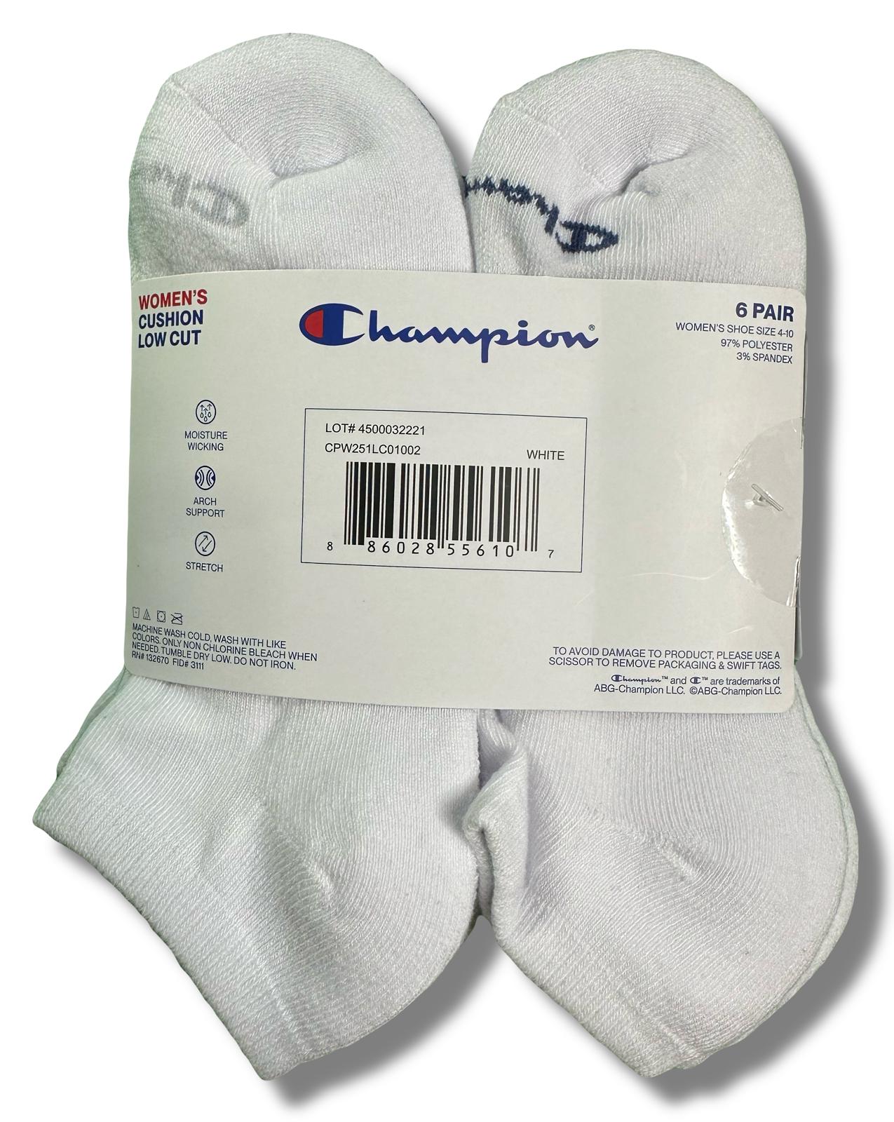 CHAMPION SOCKS WOMEN'S - LOW CUT - 263 WHITE PINK - SHOE SZ 5-9 PACK 6