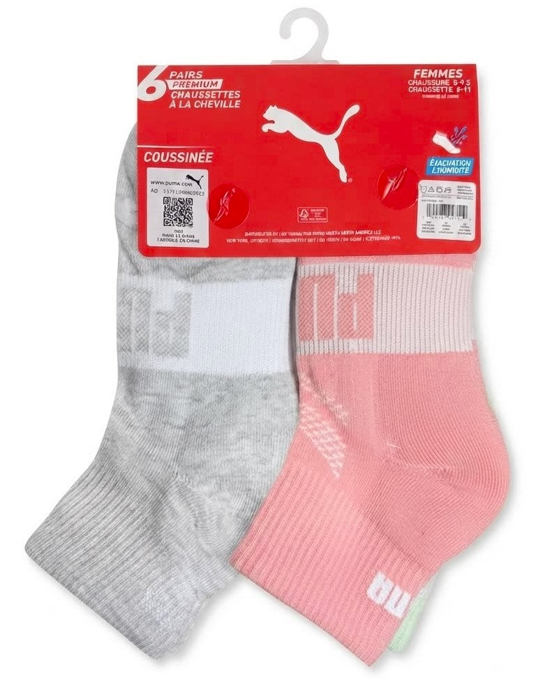 PUMA SOCKS WOMEN'S - QUARTER 263 - EDGE GREEN PEACH - SHOE SZ 5-9.5 - PACK 6