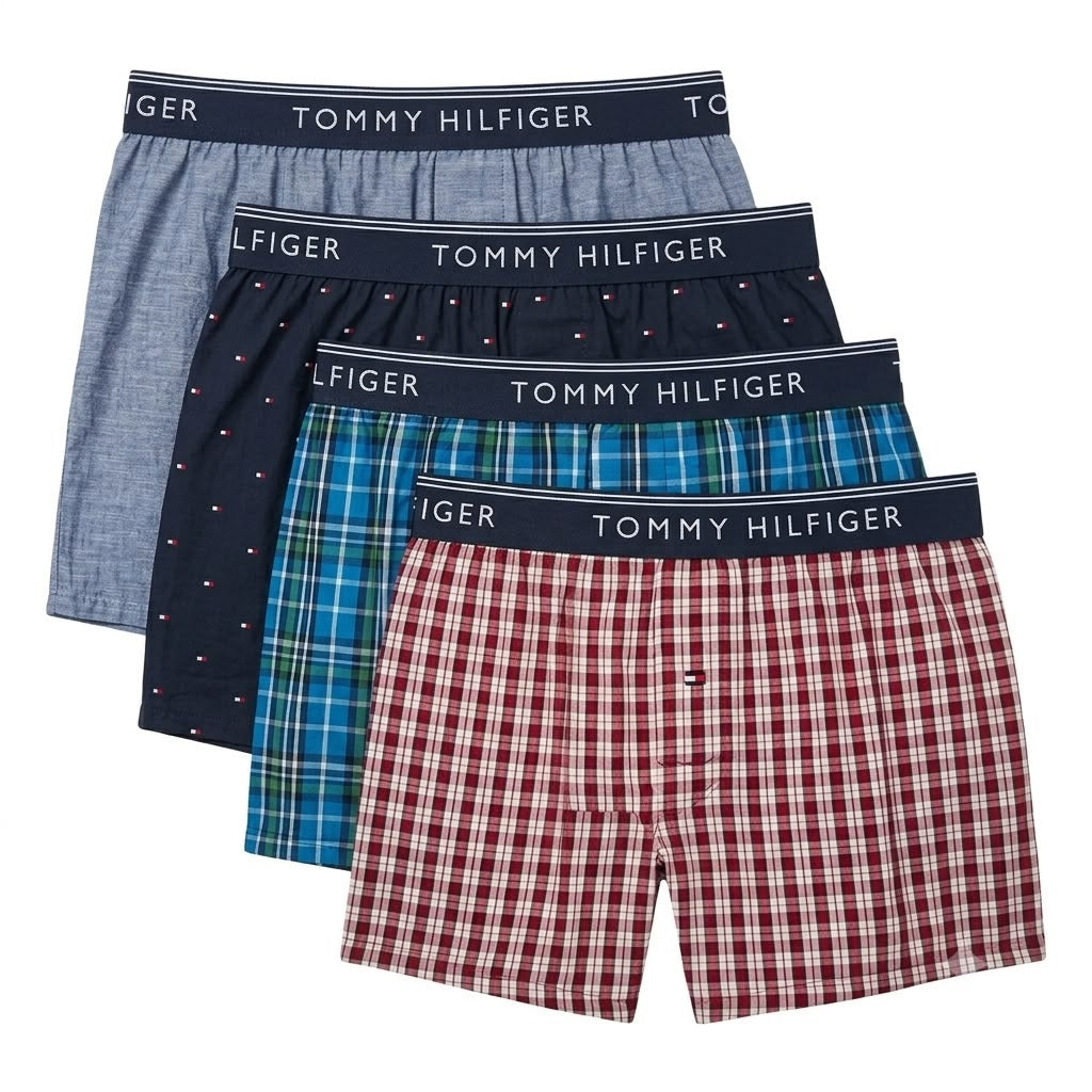 TOMMY HILFIGER MEN X4 - 263 NEWPORT BLUE - XLARGE 4 PACK WOVEN BOXER UNDERWEAR