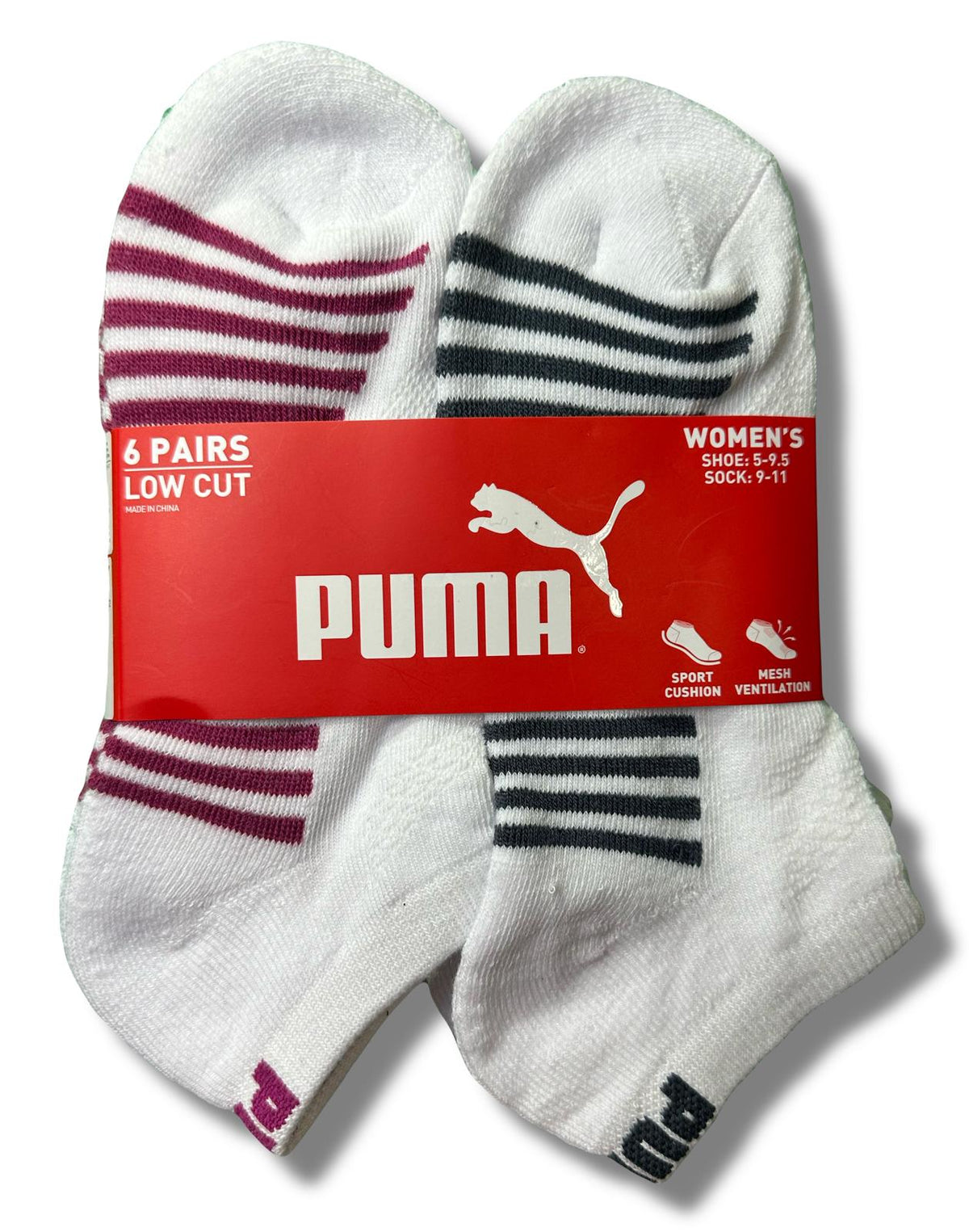 PUMA SOCKS WOMEN'S - LOW CUT 253 - BLISS - WHITE GREY - SHOE SZ 5-9.5 -PACK 6