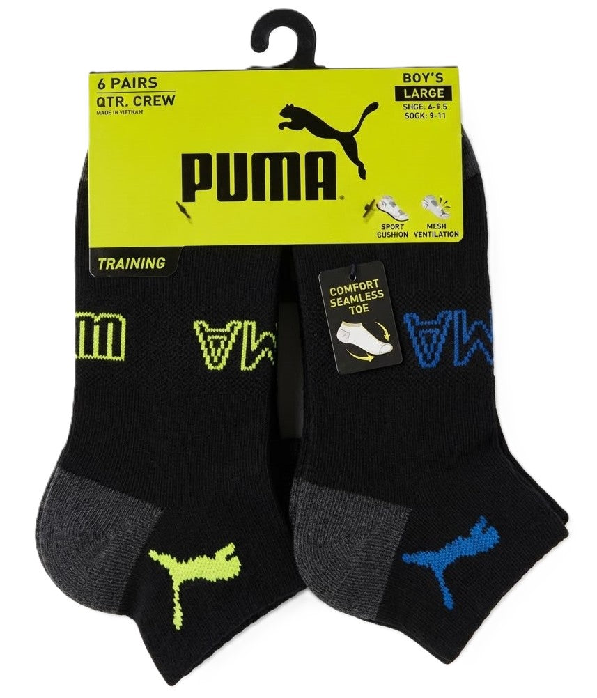 PUMA SOCKS BOYS X6 - QUARTER 263 - KEVIN BLACK YELLOW SZ LARGE 4-9.5 - 6 PACK