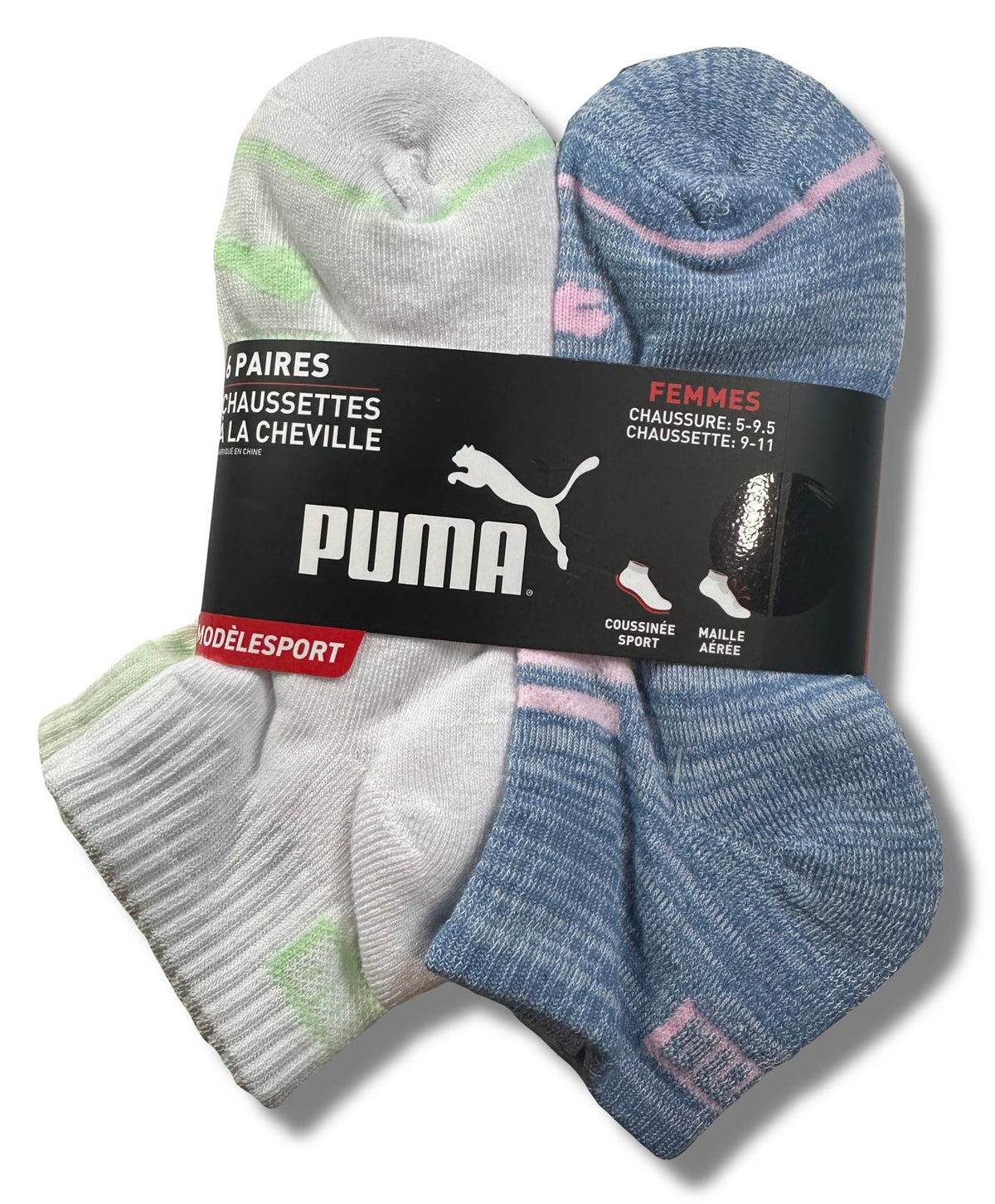 PUMA SOCKS WOMEN'S - QUARTER 243 - GLEE PINK BLUE - SHOE SZ 5-9.5 - PACK 6