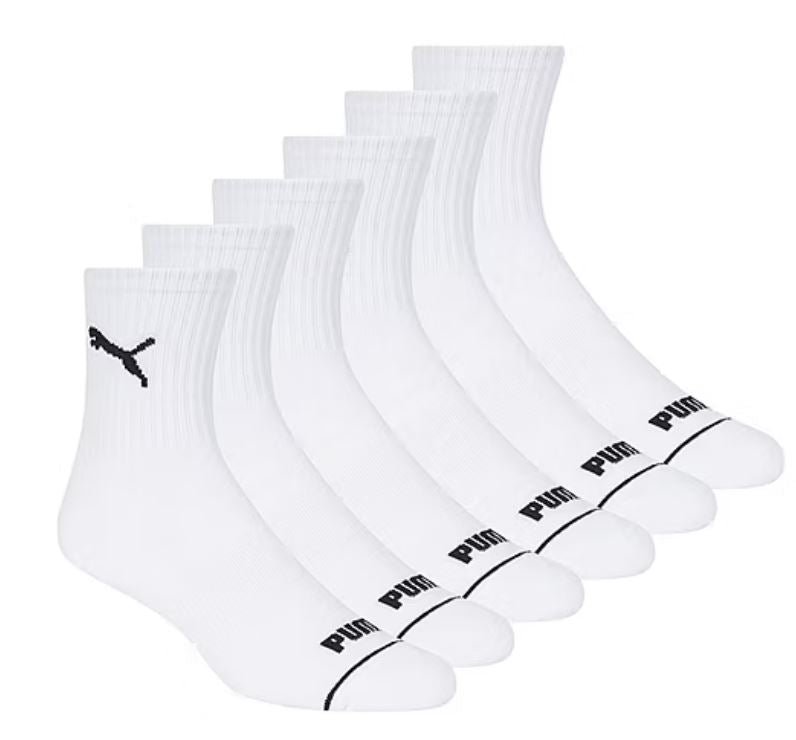 PUMA SOCKS MEN'S - HI QUARTER 243 - SOLID WHITE - LARGE (10-13)- PACK 6