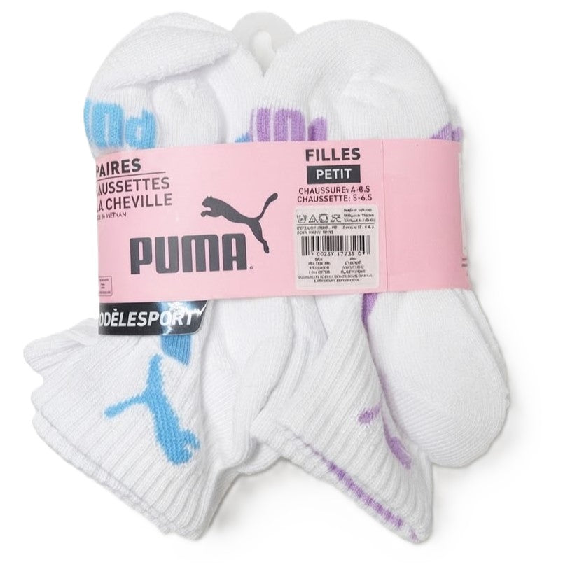 PUMA SOCKS GIRLS X6 - QUARTER CUT 263 - PIPE BLUE PINK- SMALL SHOE 4-8.5 6 PACK