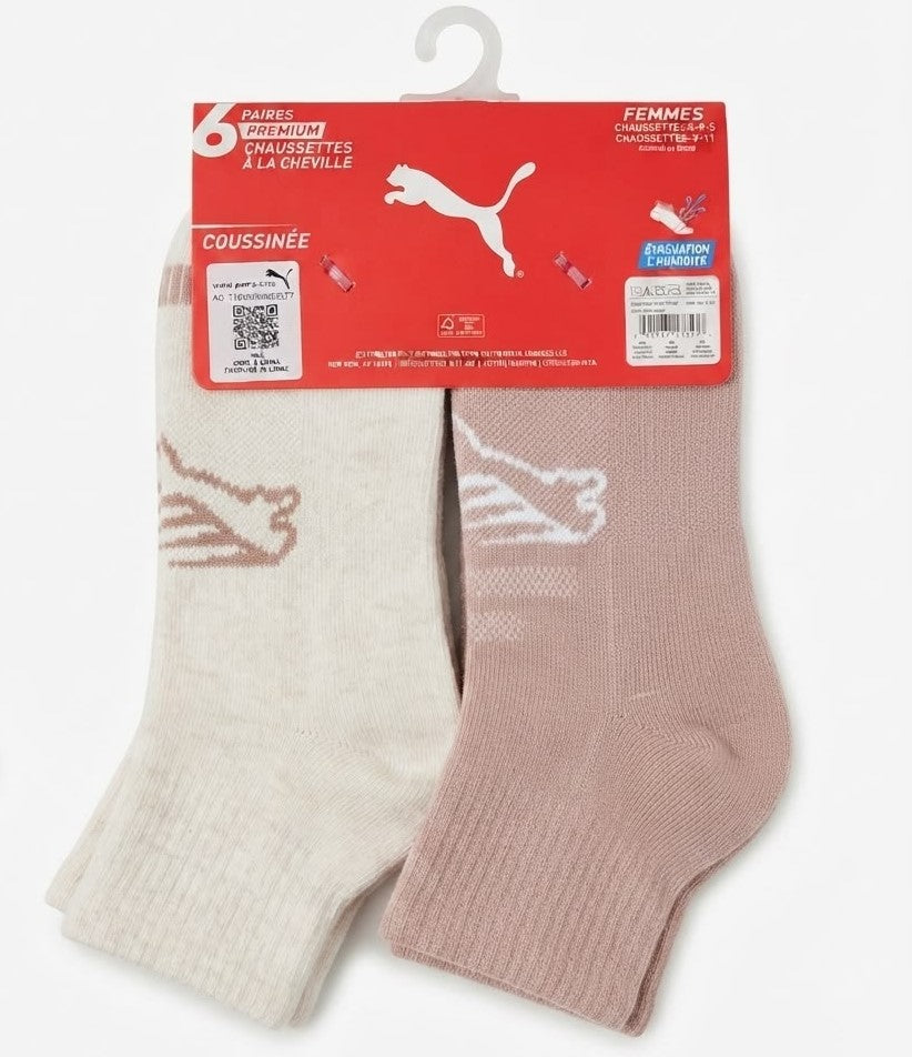 PUMA SOCKS WOMEN'S - QUARTER - ZIPPY 263 - WHITE BROWN - SHOE SZ 5-9.5 - PACK 6