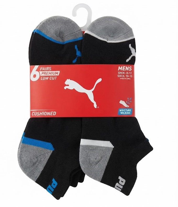 PUMA SOCKS MEN'S - LOW 263 - VITTA BLACK BLUE - LARGE - PACK 6 XX