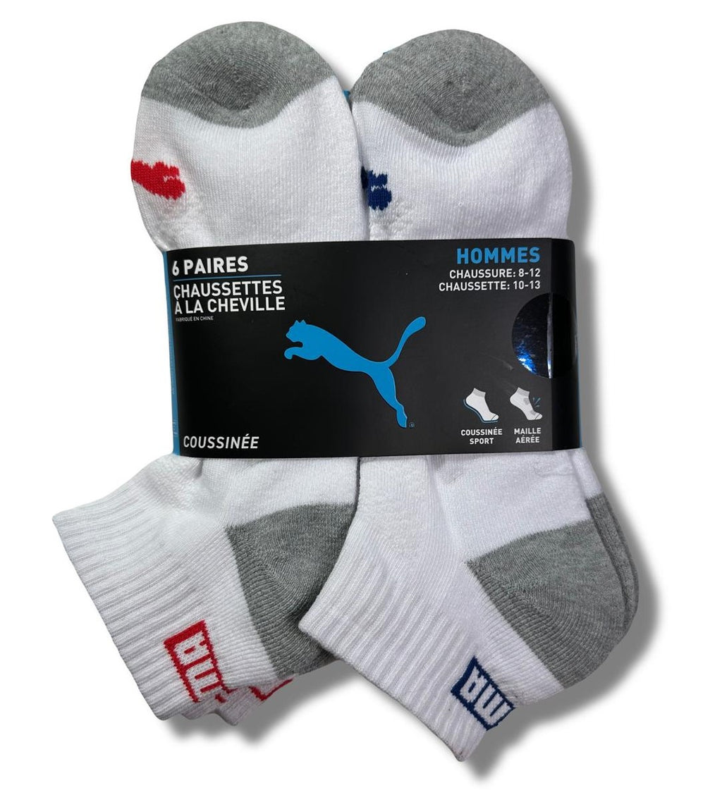 PUMA SOCKS MEN'S - QUARTER CUT - ZING 243 - WHITE BLUE - LARGE (10-13) PACK 6 XX
