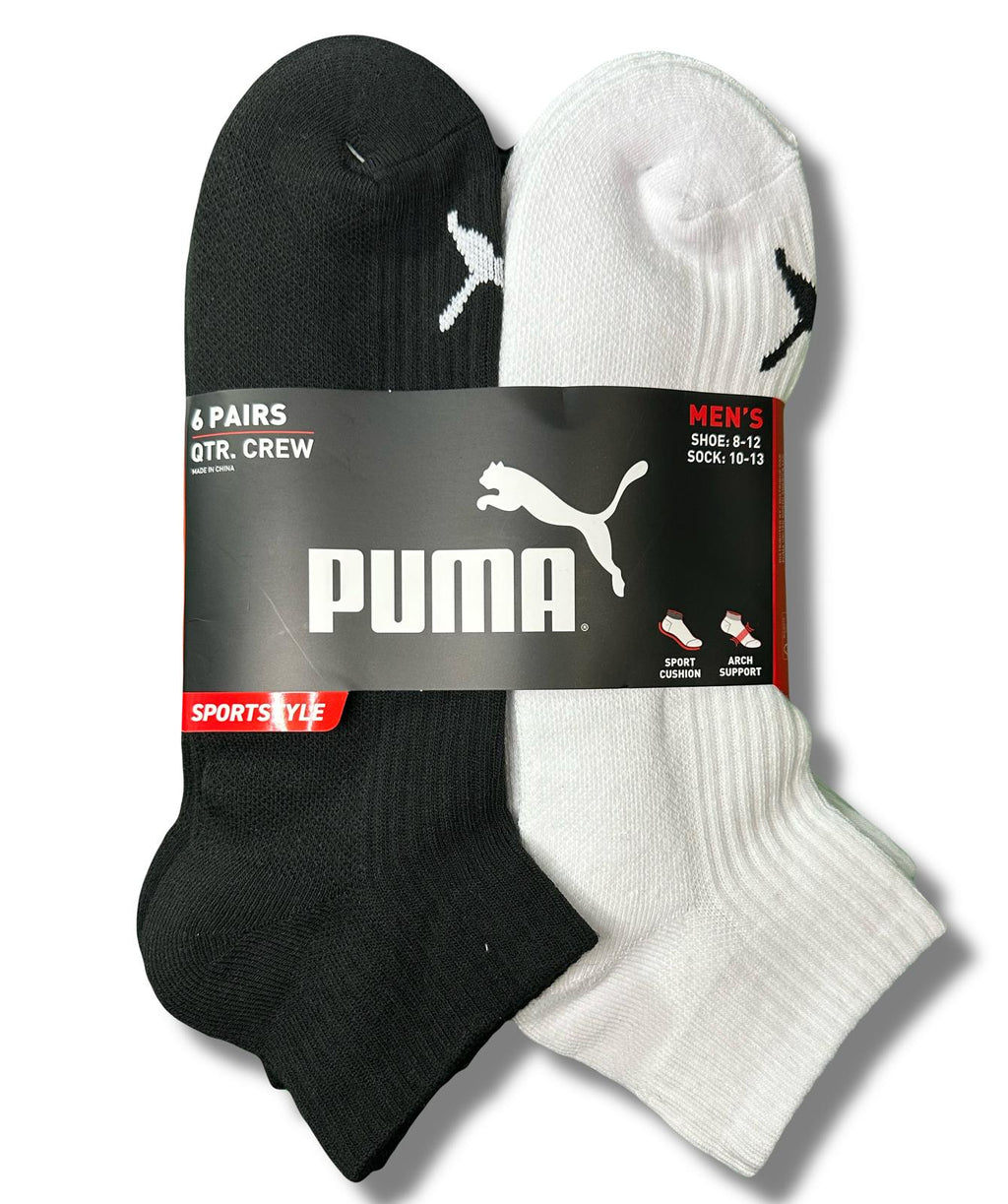 PUMA SOCKS MEN'S - QUARTER CUT - NASH 253 - BLACK WHITE- LARGE (10-13) PACK 6 XX