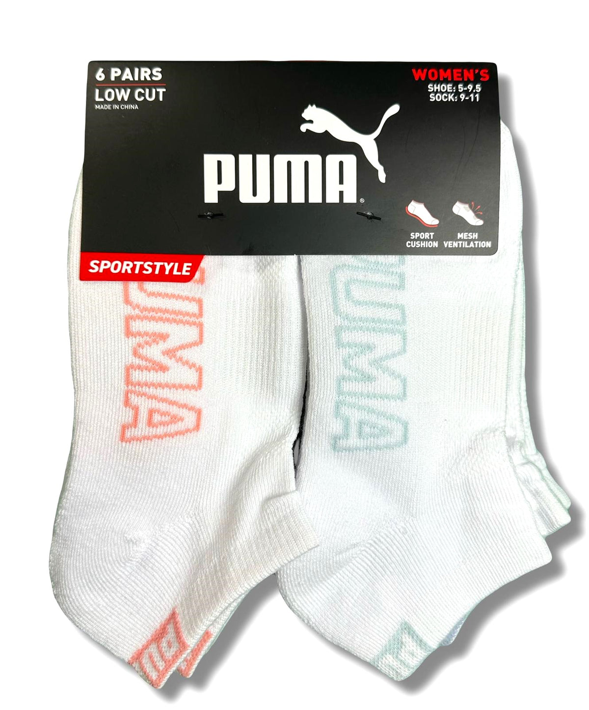 PUMA SOCKS WOMEN'S - LOW CUT 253 - SLATE WHITE PEACH - SHOE SZ 5-9.5 -PACK 6