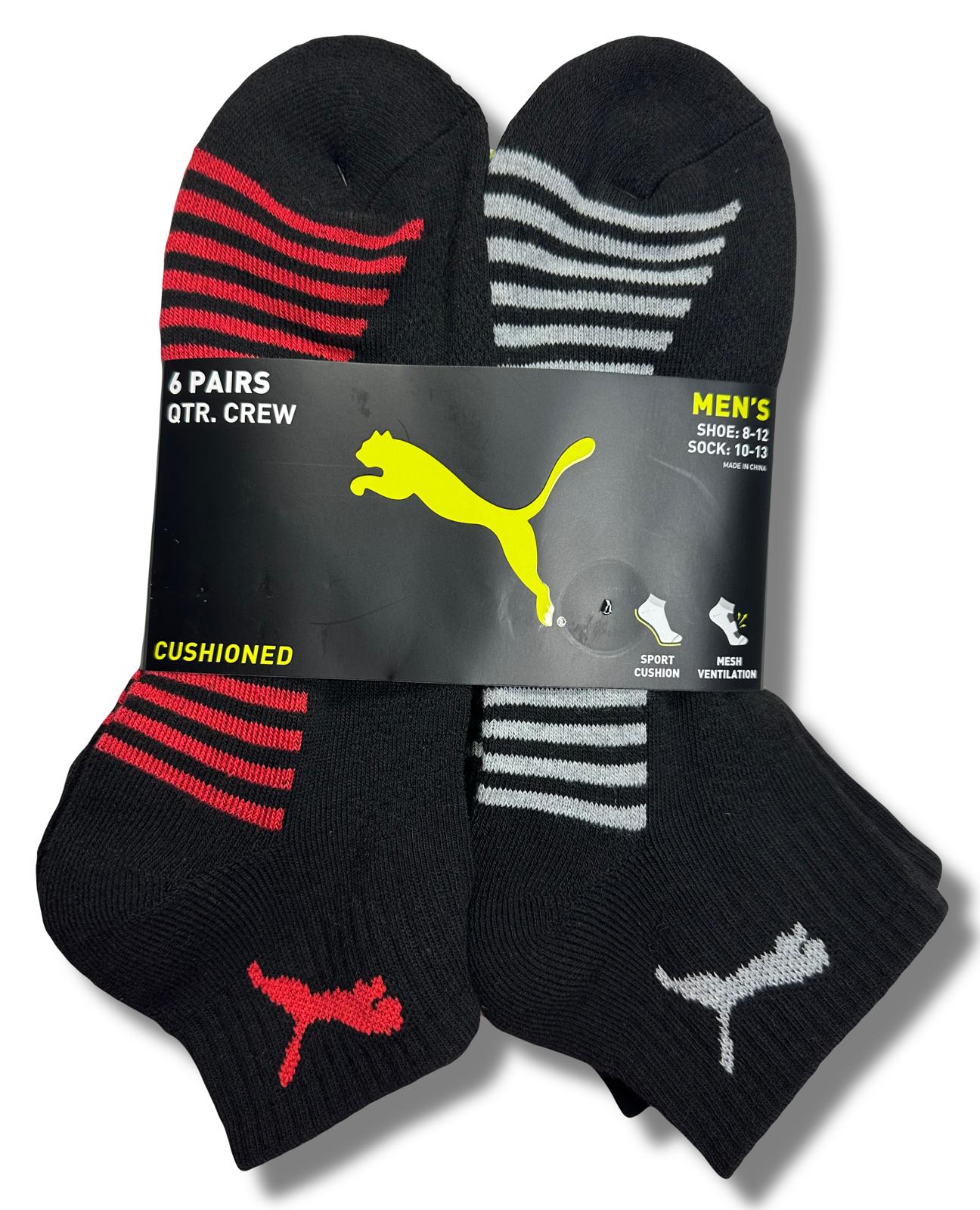 PUMA SOCKS MEN'S - QUARTER CUT - BLISS 253 - BLACK RED - LARGE (10-13) PACK 6 XX
