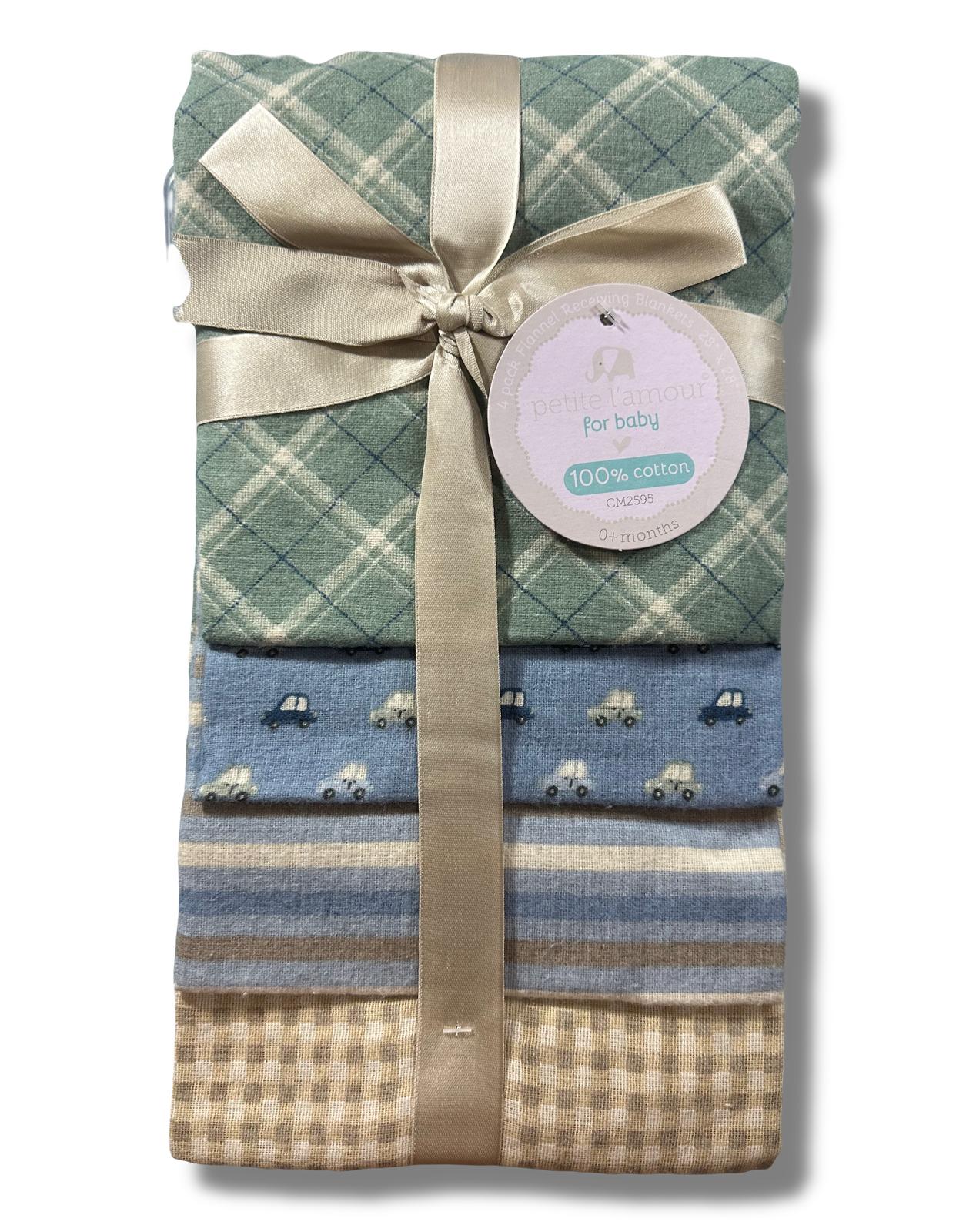 RECEIVING X4 - PETITE BOYS 243 - CARS PLAID - BLANKETS COTTON 4 PACK BABY BOYS