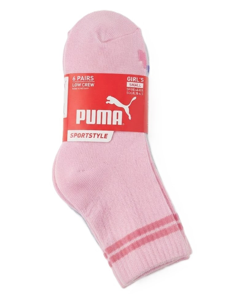 PUMA SOCKS GIRLS X6 - CREW CUT 263 - SOLID PINK BLUE WH- SMALL SHOE 4-8.5 6 PACK