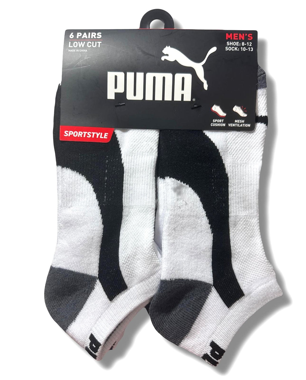 PUMA SOCKS MEN'S - LOW CUT - PIPE 243 - WHITE BLACK - LARGE (10-13) PACK 6 XX