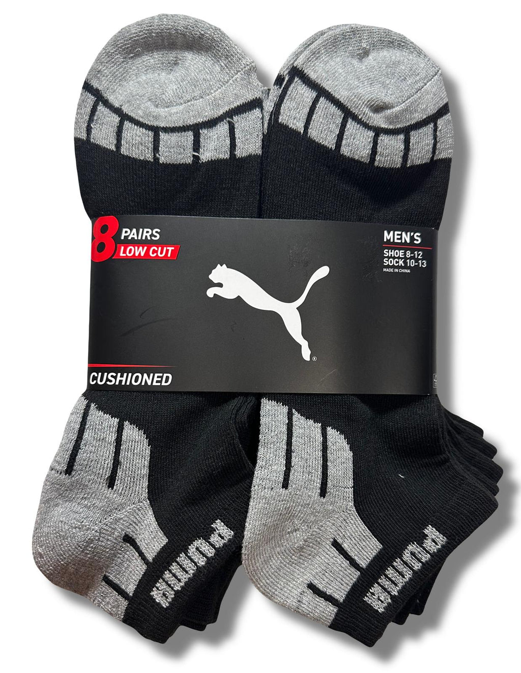 PUMA SOCKS MEN'S - X8 LOW CUT 243 - CUBE BLACK - LARGE (10-13)- PACK 8