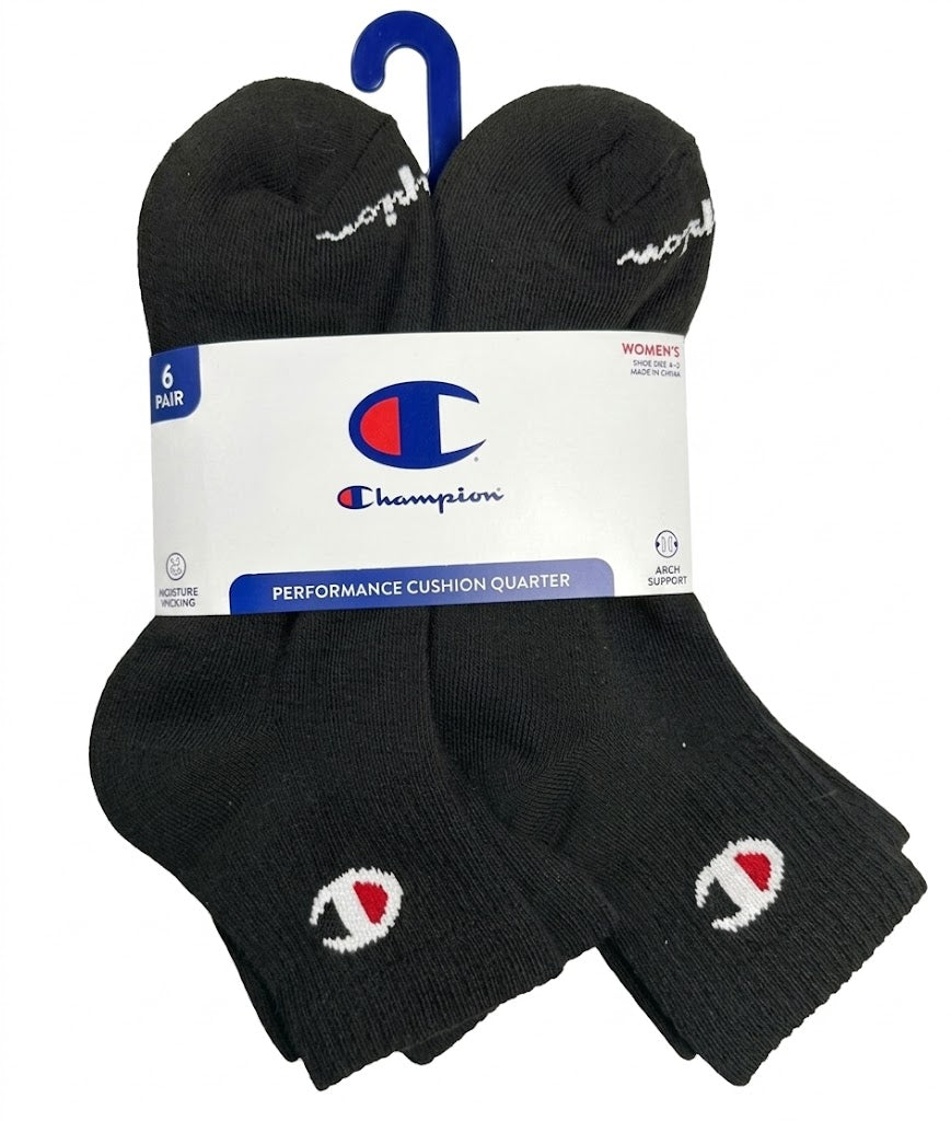 CHAMPION SOCKS WOMEN'S - QUARTER 263 - BLACK SOLID - LARGE (6-12) PACK 6