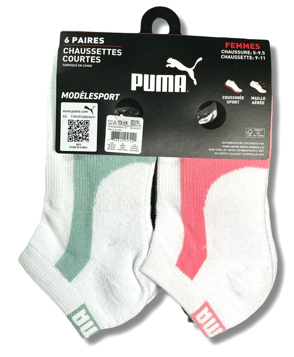 PUMA SOCKS WOMEN'S - LOW CUT 263 - PIPE BLUE PINK - SHOE SZ 5-9.5 - PACK 6