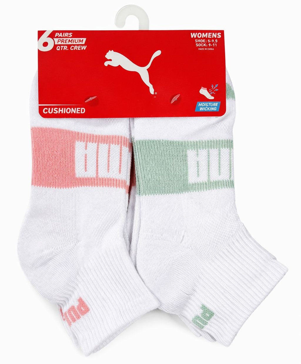PUMA SOCKS WOMEN'S - QUARTER 263 - EDGE WHITE PEACH - SHOE SZ 5-9.5 - PACK 6
