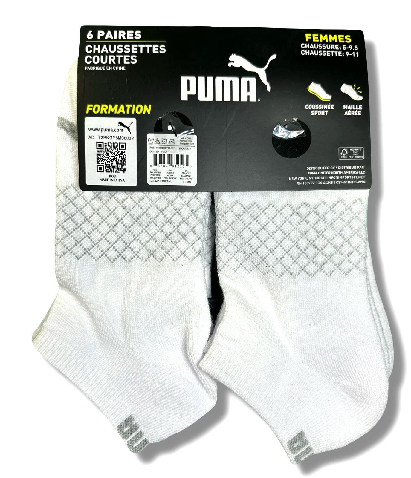 PUMA SOCKS WOMEN'S - LOW CUT 253 - NET WHITE - SHOE SZ 5-9.5 - PACK 6