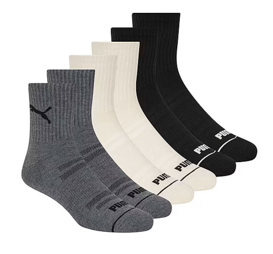 PUMA SOCKS MEN'S - HI QUARTER 243 - BLACK GREY IVORY - LARGE (10-13)- PACK 6