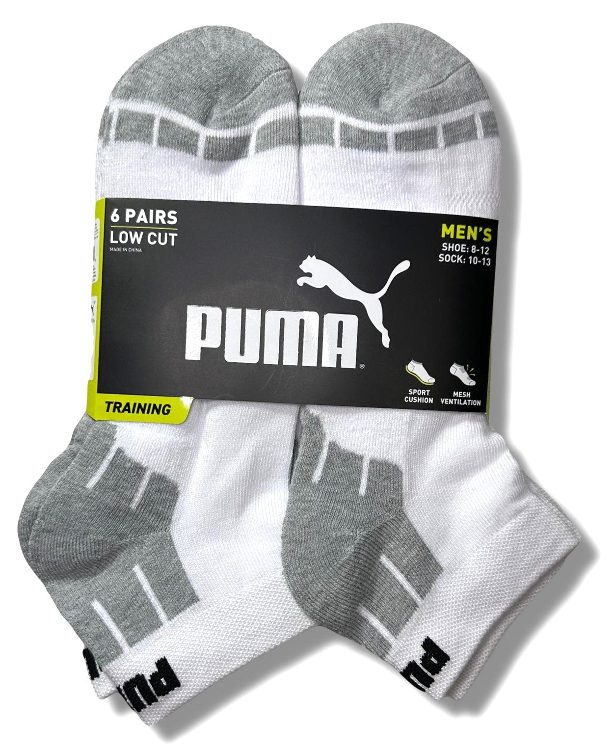 PUMA SOCKS MEN'S - LOW CUT - CUBE 243 - WHITE GREY 2 - LARGE (10-13) PACK 6 XX