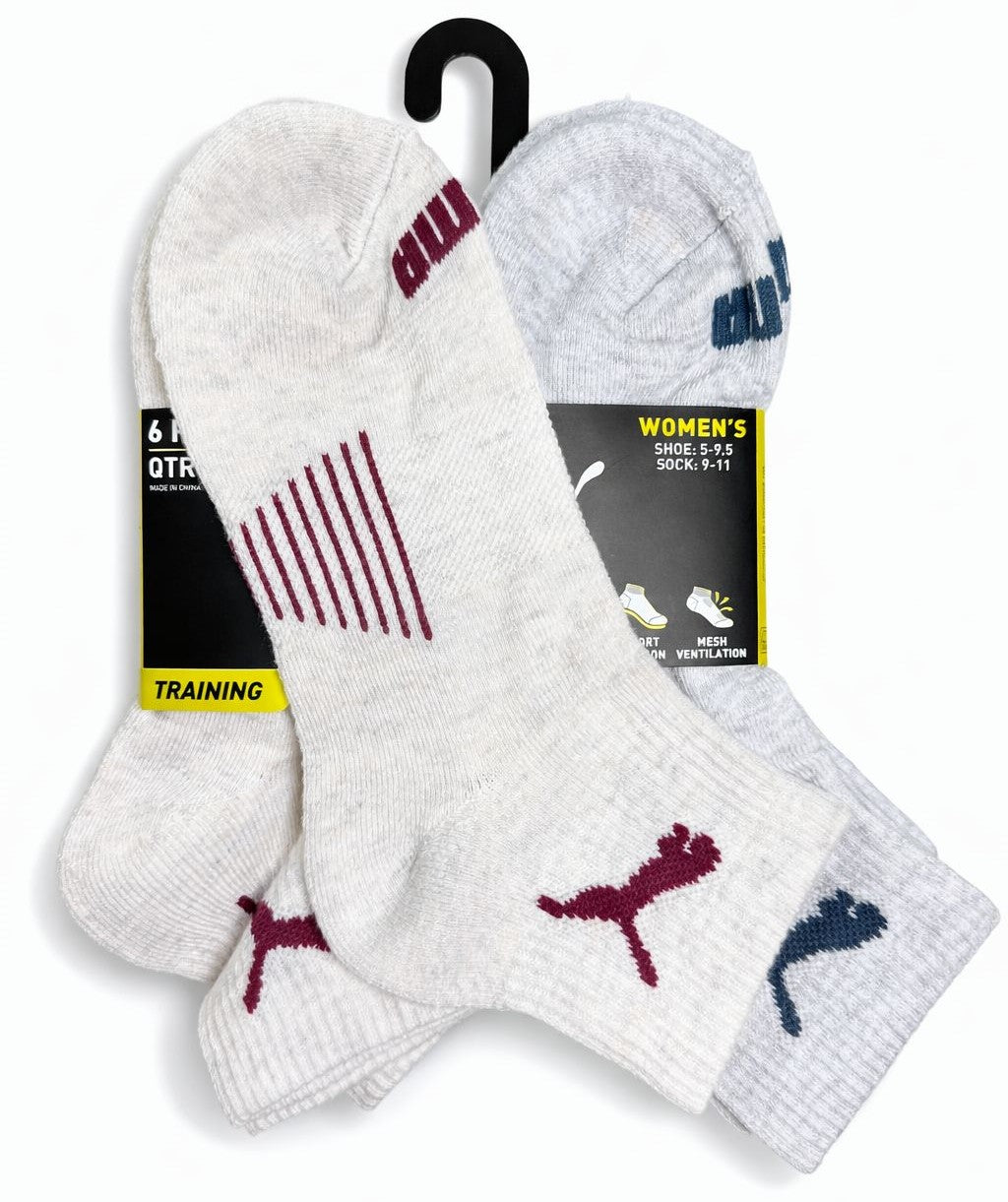 PUMA SOCKS WOMEN'S - QUARTER 263 - EVEN WINE CREAM - SHOE SZ 5-9.5 - PACK 6