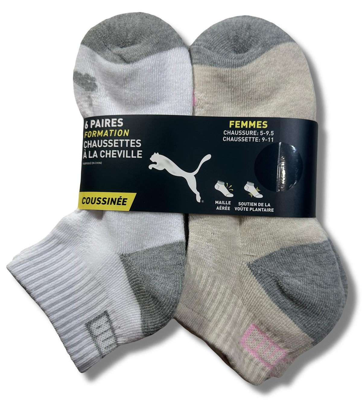 PUMA SOCKS WOMEN'S - QUARTER 243 - ZING SAND WHITE - SHOE SZ 5-9.5 - PACK 6