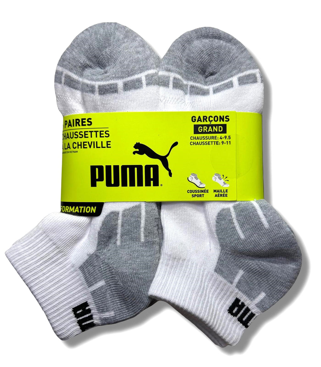PUMA SOCKS BOYS X6 - QUARTER 243 - CUBE WHITE - LARGE SZ SHOE 4-9.5 - 6 PACK