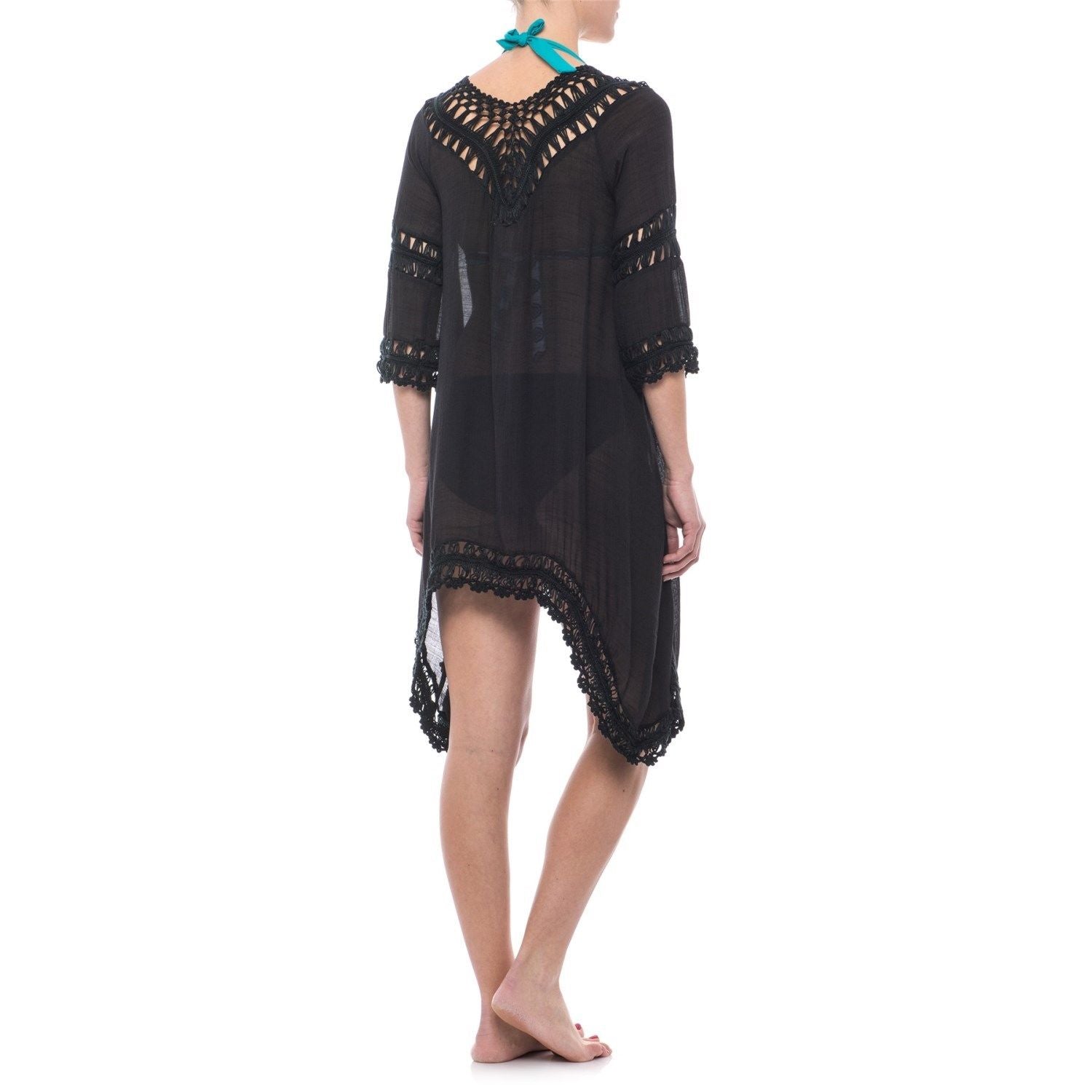 LULA CROCHET BEACH WOMEN SWIM COVER UP 3/4 SLEEVE SZ LARGE BLACK NEW