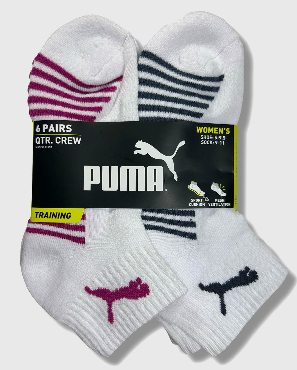 PUMA SOCKS WOMEN'S - QUARTER 253 - BLISS WHITE GRAY - SHOE SZ 5-9.5 -PACK 6