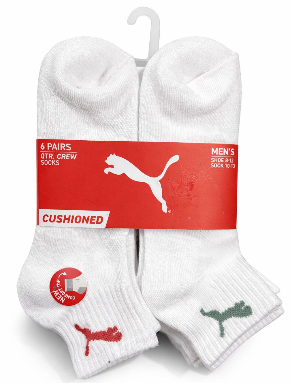 PUMA SOCKS MEN'S - QUARTER CUT - SOLID 263 - WHITE - LARGE (10-13) PACK 6 XX