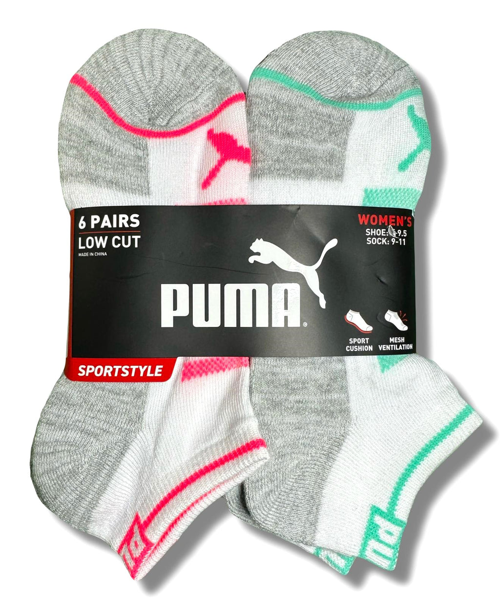 PUMA SOCKS WOMEN'S - LOW CUT 253 - GLEE - PINK GREEN - SHOE SZ 5-9.5 -PACK 6
