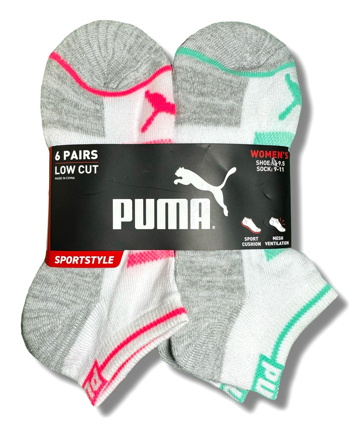 PUMA SOCKS WOMEN'S - LOW CUT 253 - GLEE - PINK GREEN - SHOE SZ 5-9.5 -PACK 6