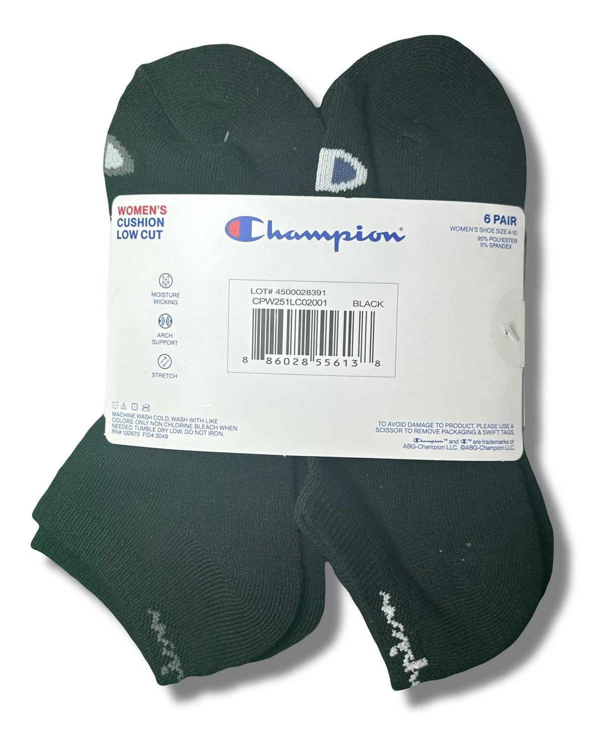 CHAMPION SOCKS WOMEN'S - LOW CUT - 253 BLACK BLACK 2 - SHOE SZ 4-10 PACK 6
