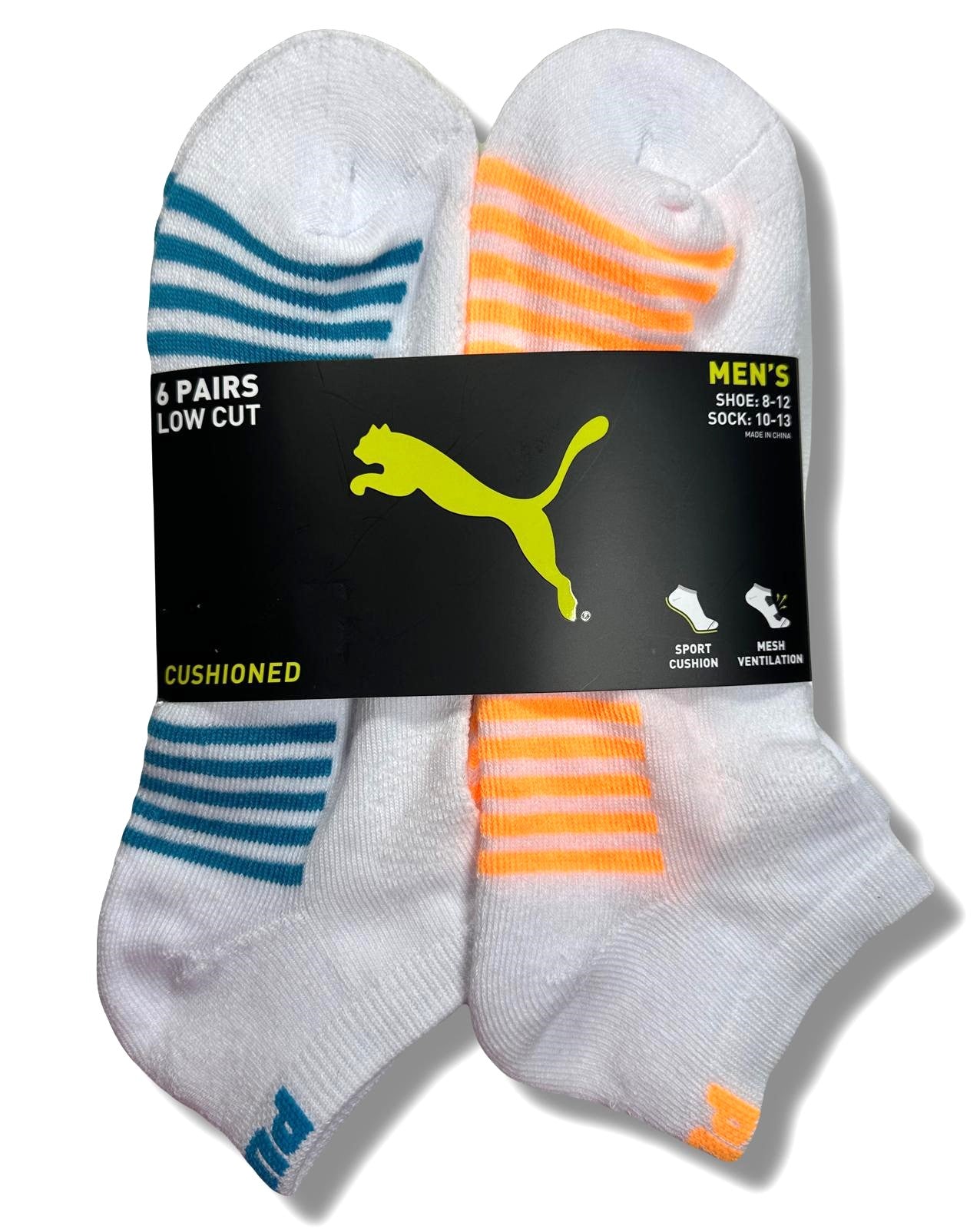 PUMA SOCKS MEN'S - LOW CUT - BLISS 253 - WHITE ORANGE - LARGE (10-13) PACK 6 XX
