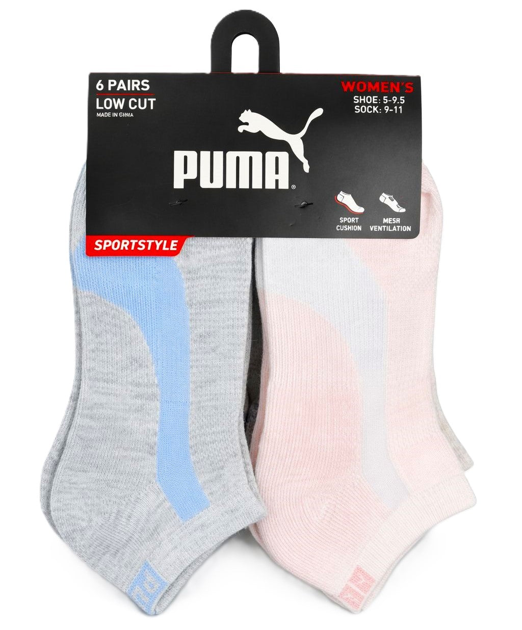 PUMA SOCKS WOMEN'S - LOW CUT 263 - PIPE GREY BLUE - SHOE SZ 5-9.5 - PACK 6