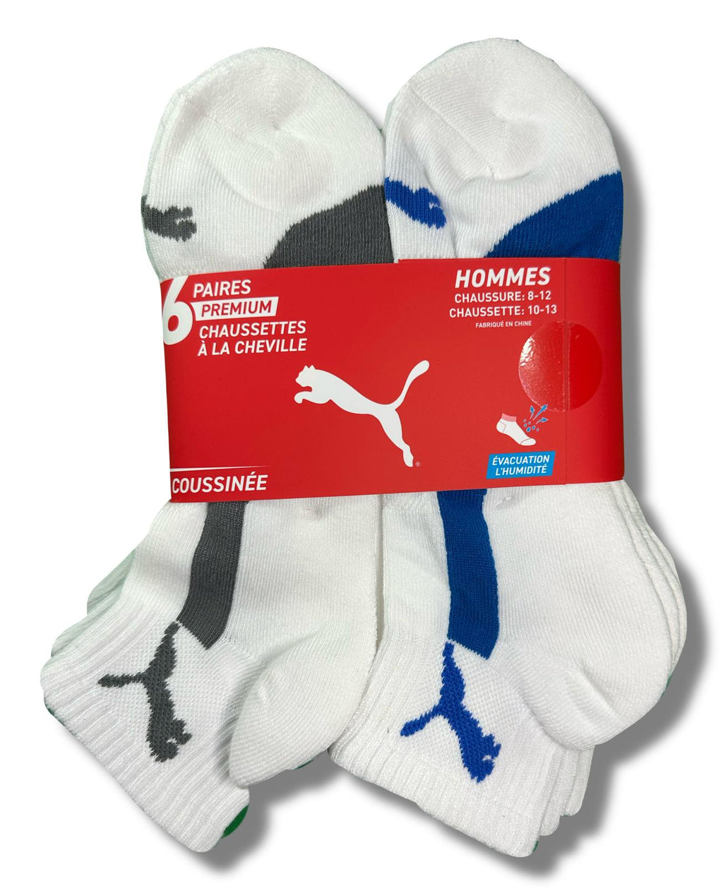 PUMA SOCKS MEN'S - QUARTER CUT - PIPE 253 - WHITE WITH BLUE - LARGE PACK 6 XX