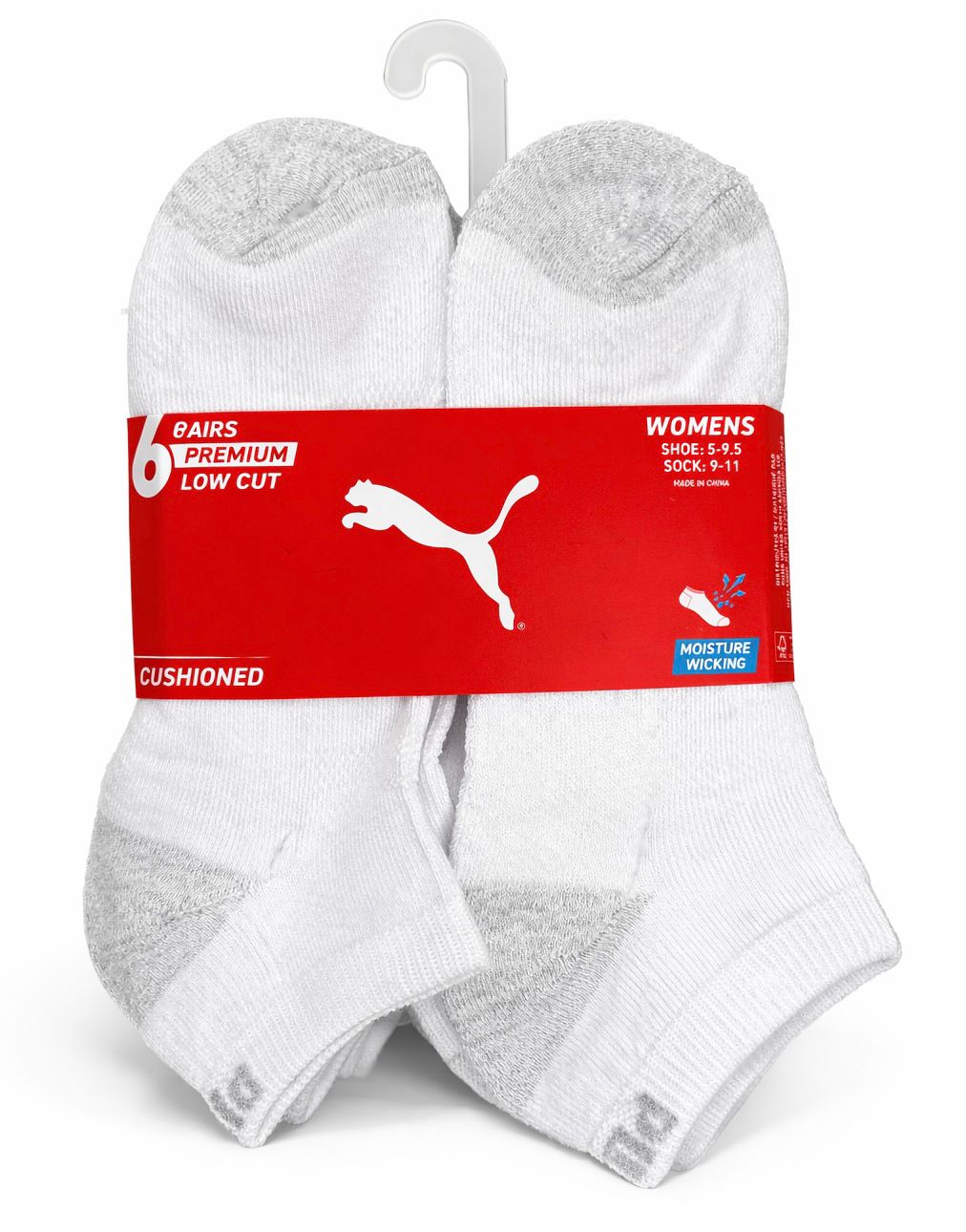 PUMA SOCKS WOMEN'S - LOW CUT 263 - FAYE - WHITE GREY - SHOE SZ 5-9.5 -PACK 6